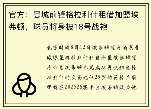官方：曼城前锋格拉利什租借加盟埃弗顿，球员将身披18号战袍