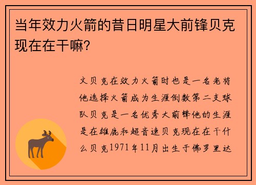 当年效力火箭的昔日明星大前锋贝克现在在干嘛？